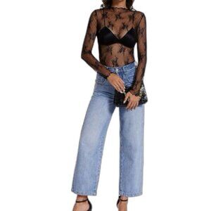 FLORAL LACE Mesh Top Long Sleeve Mock Neck Sheer Blouse See Through Womens  XL